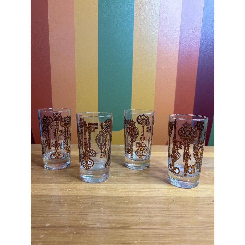 Vintage libbey gold skeleton key barware drinking highball glasses cups